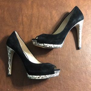 Joan & David Black Suede and Snakeskin Peeptoe